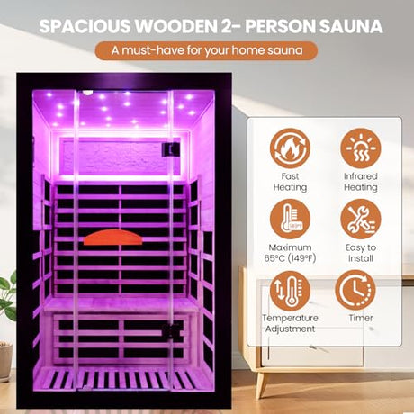 SAUNA Infrared Sauna 2 Person 2000W Low-EMF Wooden Home Spa Room Okoume Wood Indoor Dry Saunas with Intelligent Control Panel/Speaker/7-Colorful Starry Sky Light Two Person Sauna 47.3*41.3*74.8 IN HOSAUNA