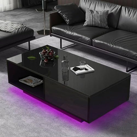 COSVALVE High Gloss LED Coffee Table with Drawer & 16 Colors LED Lights, Modern Living Room Coffee Table with Storage Space, Rectangle Sofa Side Central Table, Black (AA Battery) COSVALVE