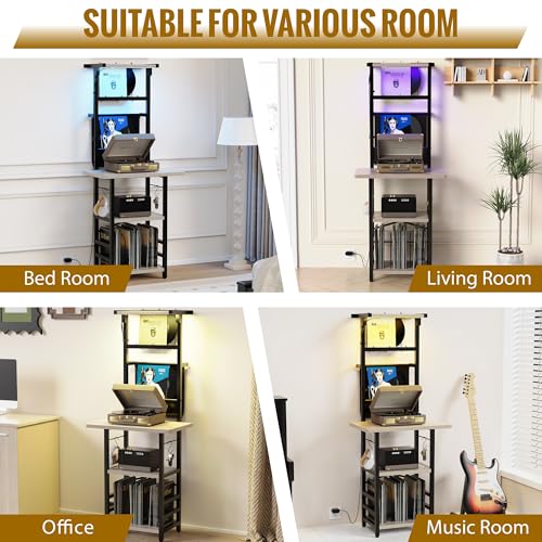 YAKANJ Record Player Stand with Led Light,Record Player Table with Vinyl Storage,Turntable Stand with Record Holder Vinyls Display Shelf for Music Room Studio,Greige YAKANJ