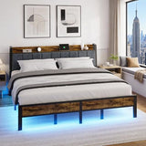 King Size Bed Frame with USB Charging Station, Storage Headboard with Smart LED Lights, Metal Platform Bed Noise Free, No Box Spring Needed, Easy Assembly Liians