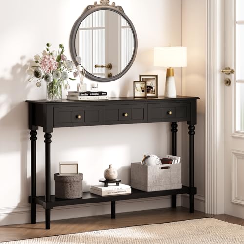 JOINICE Console Tables with Drawers,43" Entryway Table with Shelf and Solid Wood Legs,Narrow Long Sofa Table with Storage, Wood Foyer Tables for Entryway,Living Room,Hallway,Black JOINICE