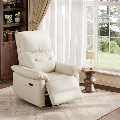 Garvee Power Recliner Chair with 270° Swivel and Rocking, Electric Glider Nursery Chair with USB Charging Port, PU Leather Upholstery and Button Tufted Backrest for Living Room, Cream