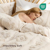 Bedsure Boho Duvet Cover Queen Size - Beige Tufted Boho Bedding, Farmhouse Shabby Chic Embroidery Bedding for All Seasons, 3 Pieces, 1 Soft Jacquard Queen Comforter Cover and 2 Pillow Shams Bedsure