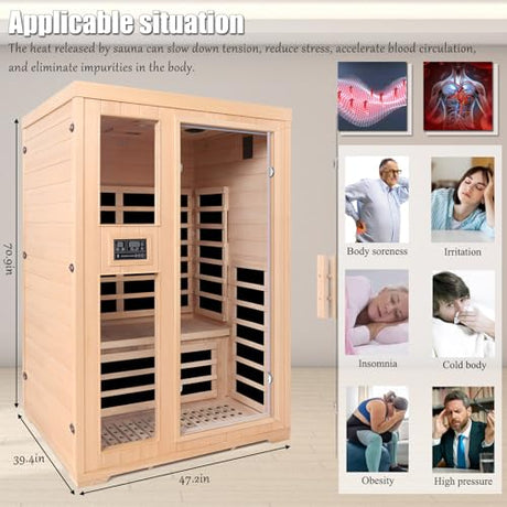 2-Person Infrared Sauna, Indoor Home Sauna Room Hemlock Wood Sauna Low EMF Far Infrared Heating with Tempered Glass Door Bluetooth Speakers, Chromotherapy Lights for Family（110V, 1850W）Truck delivery DWKWE