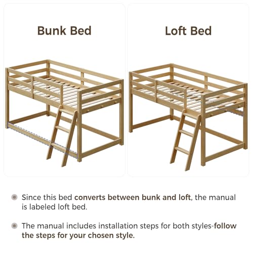 Vantic Low Bunk Bed with Guardrail and LED Light, Floor Toddler Bunk Bed Twin Over Twin with Wide Stairs, Convertible Soild Wooden Loft Bed for Kids with 6 Hooks, Space-Saving, Natural Wood Vantic