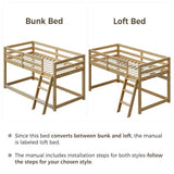 Vantic Low Bunk Bed with Guardrail and LED Light, Floor Toddler Bunk Bed Twin Over Twin with Wide Stairs, Convertible Soild Wooden Loft Bed for Kids with 6 Hooks, Space-Saving, Natural Wood Vantic
