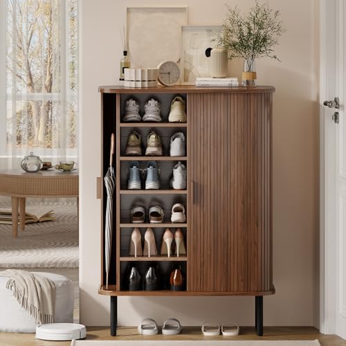 ONBRILL 6-Tier Shoe Cabinet with Sliding Door, Wooden Shoe Storage Cabinet with Adjustable Shelves, Mid-Century Modern Freestanding Shoe Storage Organizer for Entryway, Hallway, Living Room, Walnut ONBRILL