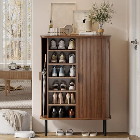 ONBRILL 6-Tier Shoe Cabinet with Sliding Door, Wooden Shoe Storage Cabinet with Adjustable Shelves, Mid-Century Modern Freestanding Shoe Storage Organizer for Entryway, Hallway, Living Room, Walnut ONBRILL