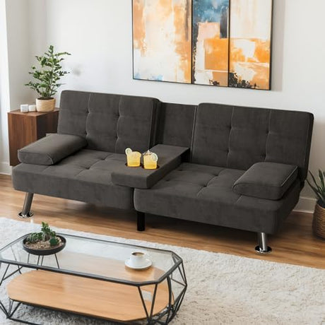 Shahoo Modern Linen Upholstered Convertible Folding Futon Sofa Bed with Removable Armrests, Metal Legs, 2 Cup Holders for Living Room, Black Shahoo