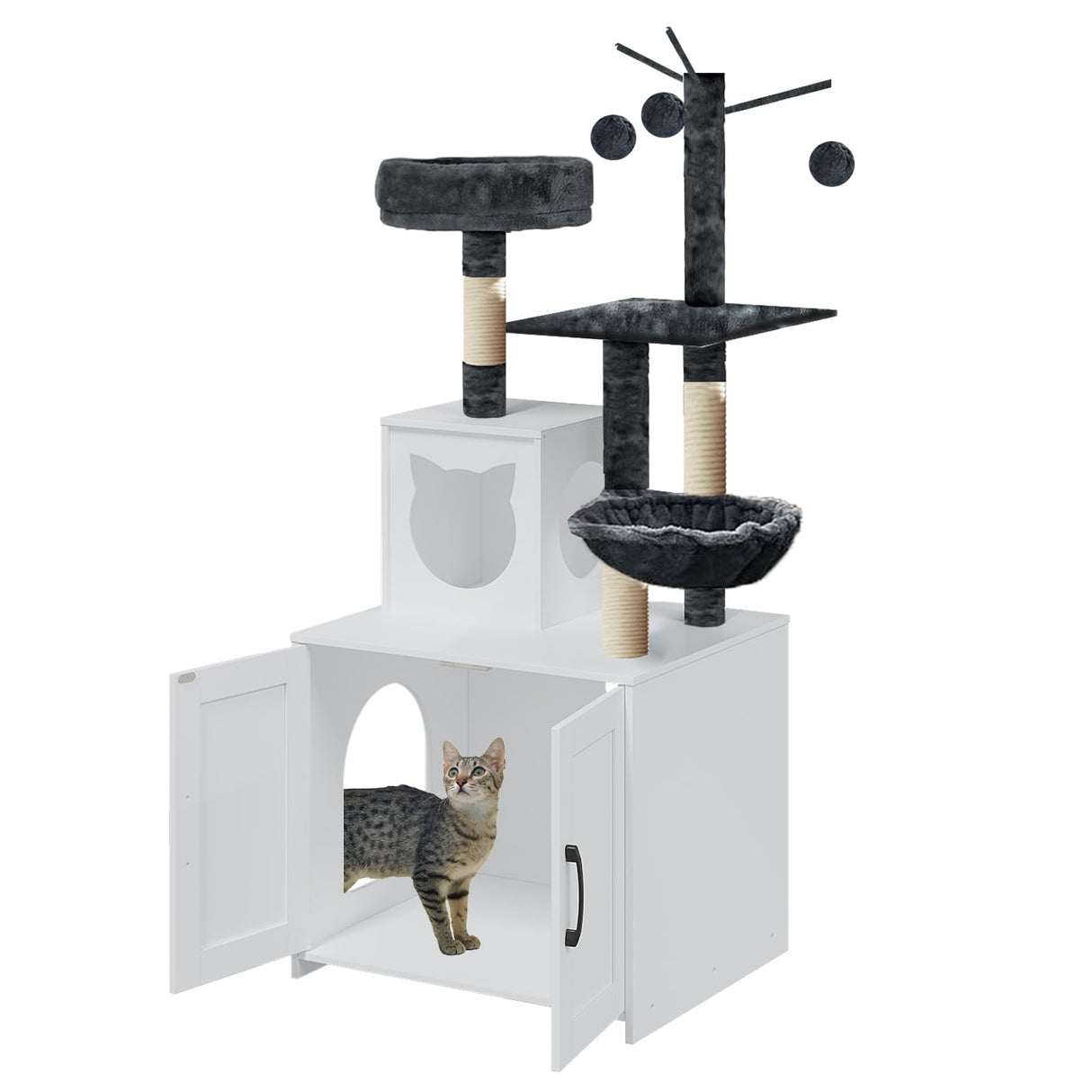 Cat Tree with Litter Box, Wood Litter Box Enclosure with Food Station, Modern Cat Tower for Indoor Large Cats with Large Platform,Cat Condo with Scratching Posts, Hammock, Caves, Basket,White Gaalloopyger
