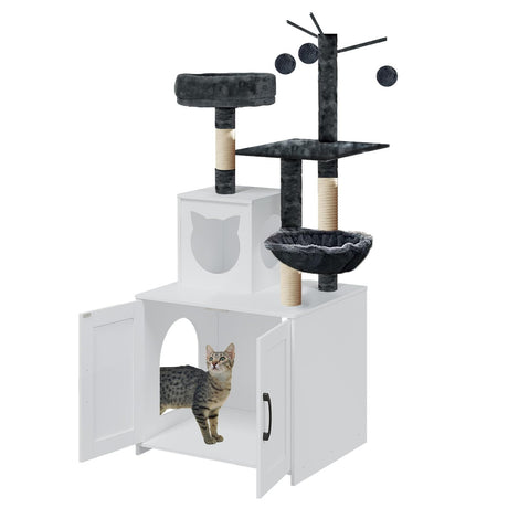 Cat Tree with Litter Box, Wood Litter Box Enclosure with Food Station, Modern Cat Tower for Indoor Large Cats with Large Platform,Cat Condo with Scratching Posts, Hammock, Caves, Basket,White Gaalloopyger