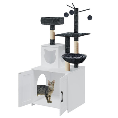 Cat Tree with Litter Box, Wood Litter Box Enclosure with Food Station, Modern Cat Tower for Indoor Large Cats with Large Platform,Cat Condo with Scratching Posts, Hammock, Caves, Basket,White
