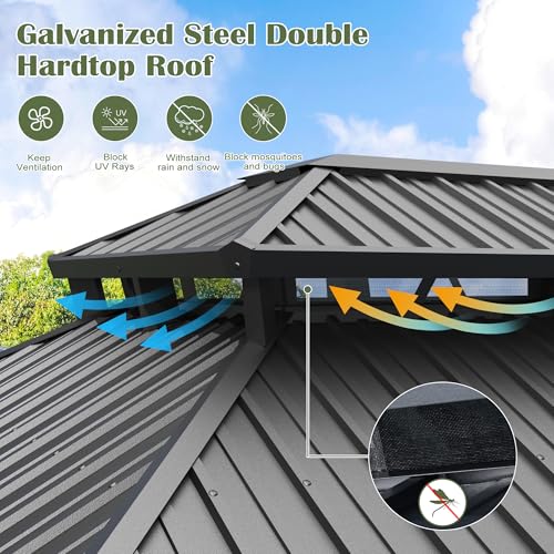 Prime Garden 10'x12' Hardtop Gazebo, Galvanized Steel Double Roof Gazebo with Aluminum Frame, Metal Gazebo w/Privacy Curtains and Nets, Outdoor Gazebo for Patio, Lawn, Backyard Prime Garden