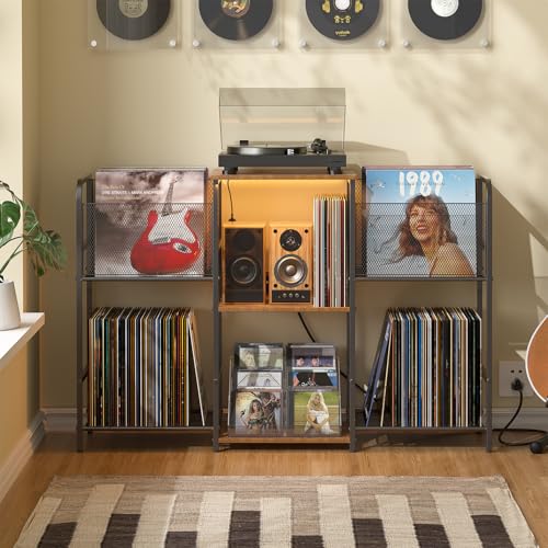 3IngSeagulls Record Player Stand with Power Outlets and LED Light, Turntable Stand Storage Up to 350+ Albums, Record Player Stand with Vinyl Storage, Tuntable Stand with Record Holder for Living Room 3IngSeagulls