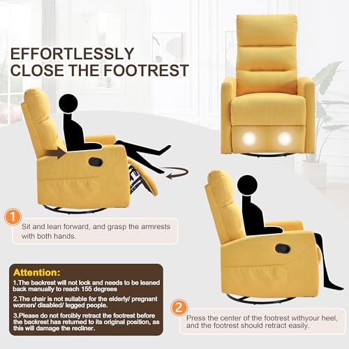 360° Swivel Rocker Recliner Chair for Small Spaces, Manual Recliner with Side Pockets for Petite Adults, Small Rocker Recliner for Living Room, Bedroom - Yellow