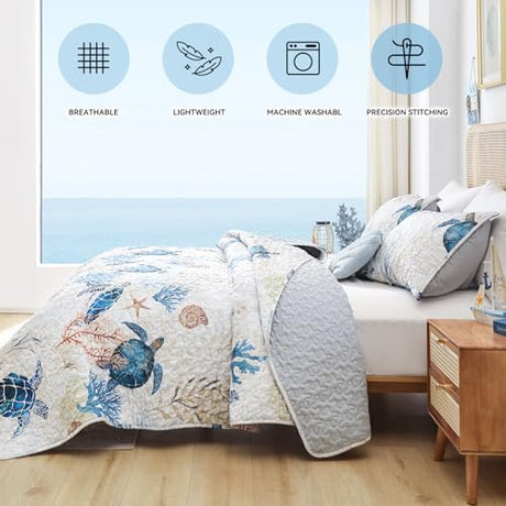 weigelia Coastal Quilts Bedding Set Twin Size - Summer Sea Turtles Nautical Bedding Quilt with Pillow Cases, Beach Reversible Quilt Set Bedspreads Coverlet Soft Lightweight Comforter weigelia