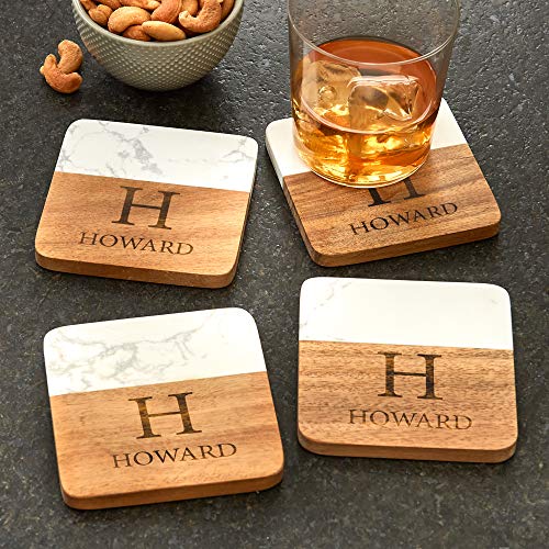 Let’s Make Memories Personalized Elegant Marble Wood Coasters - Housewarming Gift - Set of 4 - Each 4” Square - Customized with Name and Initial Let's Make Memories