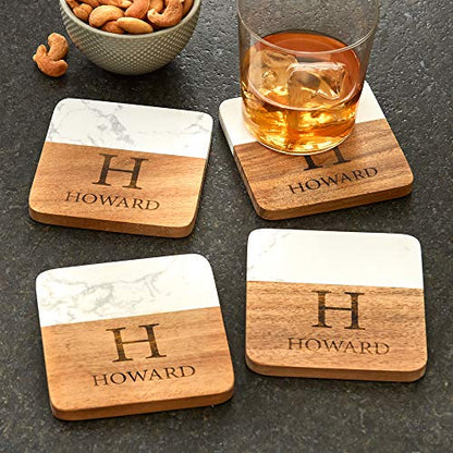 Let’s Make Memories Personalized Elegant Marble Wood Coasters - Housewarming Gift - Set of 4 - Each 4” Square - Customized with Name and Initial - WoodArtSupply