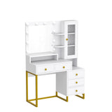 Tiptiper Makeup Vanity with Lights & Charging Station, Large Vanity Desk with Mirror and Lights, Makeup Table with 5 Drawers & Shelves, White and Gold Tiptiper