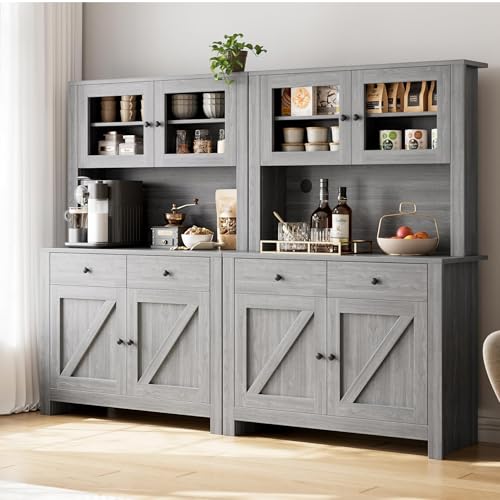 IDEALHOUSE 63" Kitchen Pantry Cabinet with Drawers, Hutch Cabinet with Storage, Microwave Stand, Adjustable Shelves, Freestanding Tall Pantry Storage for Dining Room, Living Room, Grey IDEALHOUSE