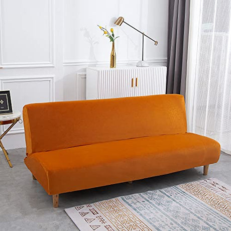 Armless Sofa Bed Cover Futon Slipcover Velvet Stretch Spandex Folding Sofa Couch Non-Armrest Furniture Protector (Velvet Orange) MIFXIN