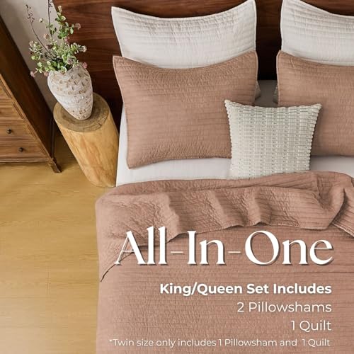 DOWN HOME Queen Quilt Bedding Set with Shams, Vintage Washed Soft Quilted Blanket Thin Comforter Lightweight Bedspread Coverlet Bed Cover, Brushed Microfiber Stripe Stitching, Desert Blush, 86"x90" DOWN HOME