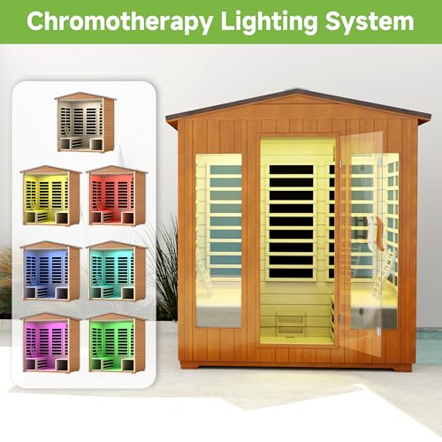 Springspa Outdoor Sauna 4 Person, Infrared Sauna for Home, Wooden Outdoor Saunas Room, 3400 Low EMF Far Infrared with Bluetooth, LCD Panel, 7 Color Chromotherapy Lamp, Reading Lamp springspa