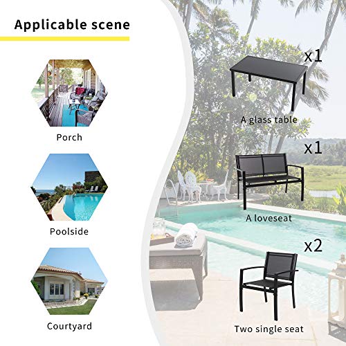 Shintenchi 4 Pieces Patio Furniture Set All Weather Textile Fabric Outdoor Conversation Set, with Glass Coffee Table, Loveseat, 2 Single Chairs for Home, Garden, Lawn, Porch（Black） - WoodArtSupply