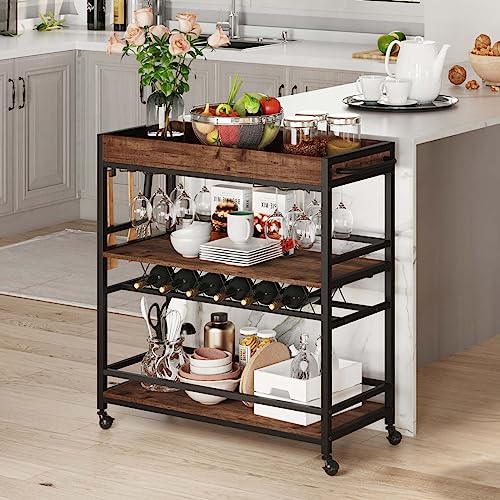 BON AUGURE Bar Cart for The Home, Rolling Home Bar Serving Cart on Wheels, 3 Tier Liquor Beverage Cart for Home Bar with Wine Rack and Glass Holder, Rustic Oak BON AUGURE