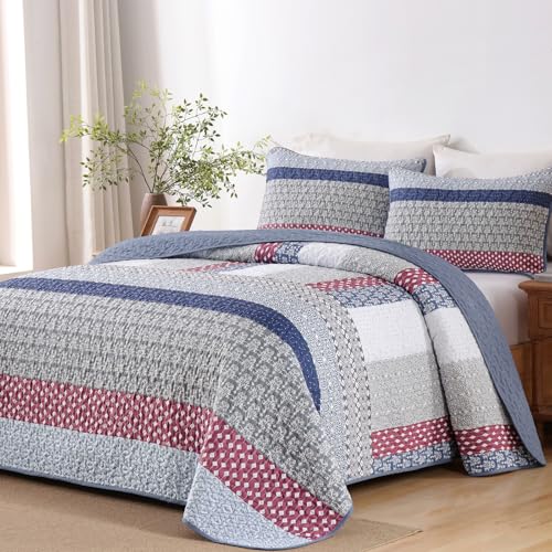 WONGS BEDDING Blue Red Quilt King Size, Bohemian Stripe Quilt Sets 3 Pieces Boho Quilted Bedspread Set Lightweight Microfiber Coverlet Bedding Set All Season (104"x90") WONGS BEDDING