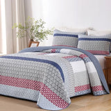 WONGS BEDDING Blue Red Quilt King Size, Bohemian Stripe Quilt Sets 3 Pieces Boho Quilted Bedspread Set Lightweight Microfiber Coverlet Bedding Set All Season (104"x90") WONGS BEDDING