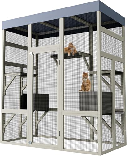 70" Large Outdoor Catio Cat Enclosure, Wood Cat Patio with Waterproof UV-Resistant Roof, Cats Shelter with 5 Platforms and 2 Resting Box, and Secure Rust-Proof Wire for Backyard or Patio GarveeTech