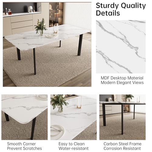 HIPIHOM Extendable Dining Table Set for 6-8 People, 63 to 78.7 Inch MDF Kitchen Table with 6 Upholstered Chairs, Space-Saving for Dining Room, Breakfast Nook (White Table & 6 Black U-Shaped Chairs) HIPIHOM