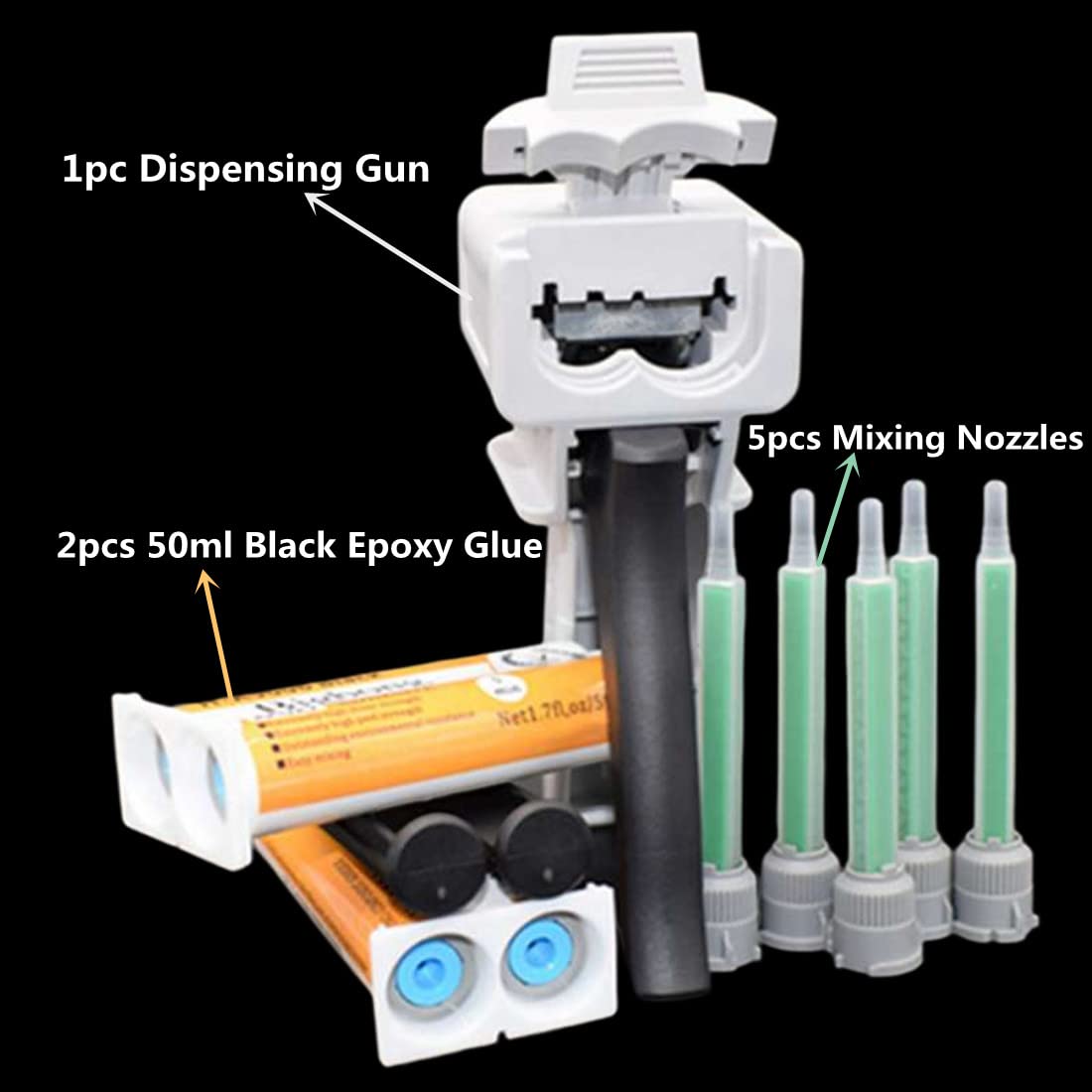Bigbong 2pcs 50ml 1:1 Epoxy Resin Black AB Glue Epoxy Glue 2-Part Epoxy Adhesive Epoxies & 5pcs 1:1 Mixing Nozzles Static Mixer & 1pc 50ml 1:1 Manual Applicator Dispensing Gun Dispenser Applicator
