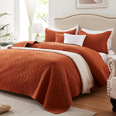 LEAONME Full/Queen Quilt Set 3 Pieces, Lightweight Burnt Orange/Rust Bedspread-90''x98'', Soft Microfiber Summer Quilt, Luxurious Warm Coverlet Set for All Seasons (Includes 1 Quilt, 2 Shams) LEAONME