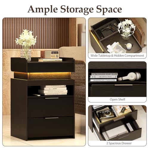 Turosur Black Night Stand with Charging Station,Wood Nightstand with 2 Drawers Modern Style, LED Lights Wooden End Tables with Sliding Top Open Storage Shelf Bedside Table for Living Room Bedroom Turosur