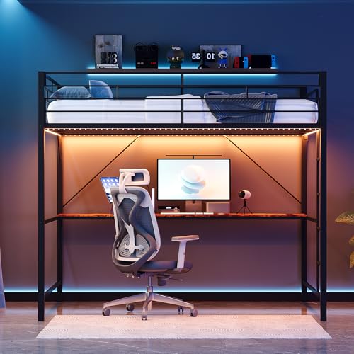 VINGLI Loft Bed Full Size with 15 Inches Extra Tall Guardrail, LED Lights and Desk Underneath, Industrial Metal Double High Sleeper with 2 Charging Stations and Flat Rung Steps, Space Saving,Black VINGLI