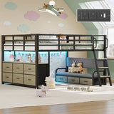 busyaeh Low Loft Bed Full Size,Full Loft Bed for Kids with 9 Storage Drawers & 15.8" H Safety Guardrail & Inclined Ladder & Safety Handrail & LED Lights and Charging Station，Toddler Loft Beds,Oak Gray busyaeh