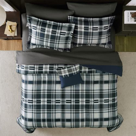 MaiRêve Queen Size Comforter Set Navy Blue, Classic Plaid Farmhouse 7 Pieces Bedding Set, All Season Lightweight Bed in a Bag with Sheets, Pillowcases & Shams MaiRêve