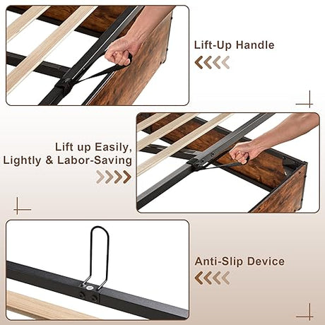 AMERLIFE Queen Size Lift Up Storage Bed Frame with Charging Station in Rustic Brown AMERLIFE