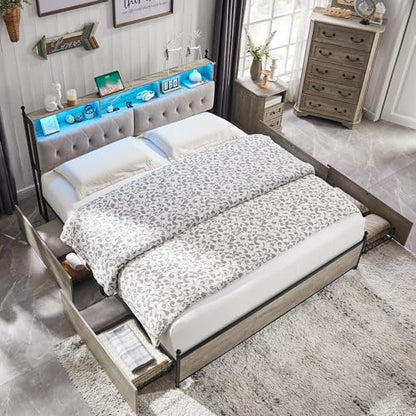 Light Rustic Oak King Size Bed Frame with Upholstered Headboard and Storage Solutions - WoodArtSupply