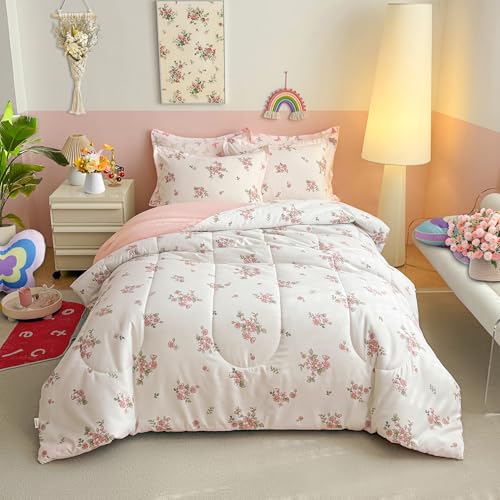 Joyreap Twin Size Comforter Set for Girls, Floral Pink n White Design, 3pcs Microfiber Princess Bedding Comforter Set for All Season- 68x88 inches Joyreap