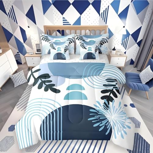 Boho Mid Century Bed in a Bag King Size Comforter Set 7 Pieces Abstract Geometric Modern Minimalist Bedding Sets,Geometric Line Art Sheet Set Circle Graphic Ombre Stripes Room Decor,Teal Blue Erosebridal