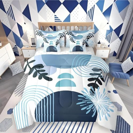 Boho Mid Century Bed in a Bag King Size Comforter Set 7 Pieces Abstract Geometric Modern Minimalist Bedding Sets,Geometric Line Art Sheet Set Circle Graphic Ombre Stripes Room Decor,Teal Blue Erosebridal
