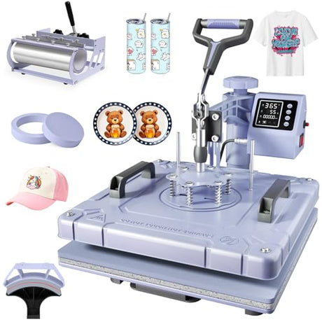 Seeutek 5 in 1 Heat Press Machine 15x15 Inch, Swing Away Sublimation Heat Transfer Press with 20oz & 30oz Tumbler Attachments for T-Shirts, Mugs, Hats & Plates, Lavender Seeutek