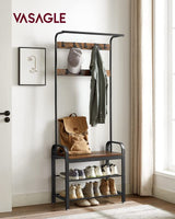 VASAGLE Coat Rack, Hall Tree with Shoe Bench for Entryway, Entryway Bench with Coat Rack, 4-in-1, with 9 Removable Hooks, a Hanging Rod, 13.3 x 28.3 x 72.1 Inches, Rustic Brown and Black UHSR40B VASAGLE