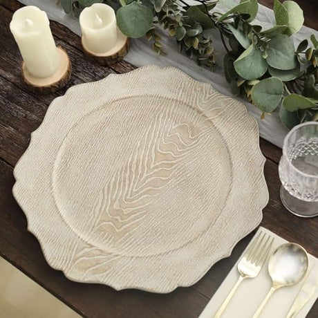 Efavormart 6 Pack | 13" Rustic White Wooden Textured Acrylic Charger Plates With Scalloped Rim Efavormart.com