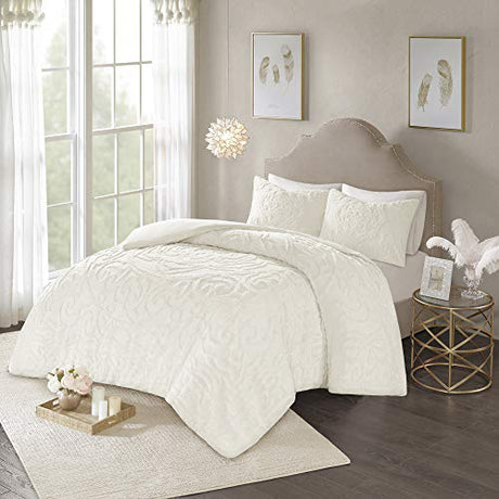 Madison Park Laetitia 100% Cotton Duvet Set-Chenille Tufted Medallion Design All Season Cozy Bedding Shabby Chic Comforter Cover, Matching Shams, Full/Queen (90 in x 90 in), Floral Off White Madison Park
