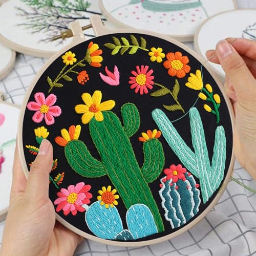 Nuberlic 3 Pack Embroidery Kit for Beginner Adults, Stamped Cross Stitch with Cactus Patterns Include 3 Hoop, Cloth Thread Needles and Instructions