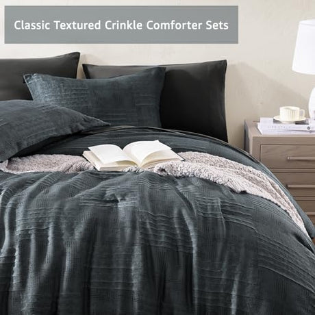 MaiRêve Queen Comforter Set Blue Grey, Textured Design Crinkle Bedding Sets 7 Pieces, All Season Bed in A Bag with Comforter, Sheets, Pillowcases & Shams MaiRêve